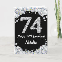 Happy 74th Birthday Black en Silver Glitter Card