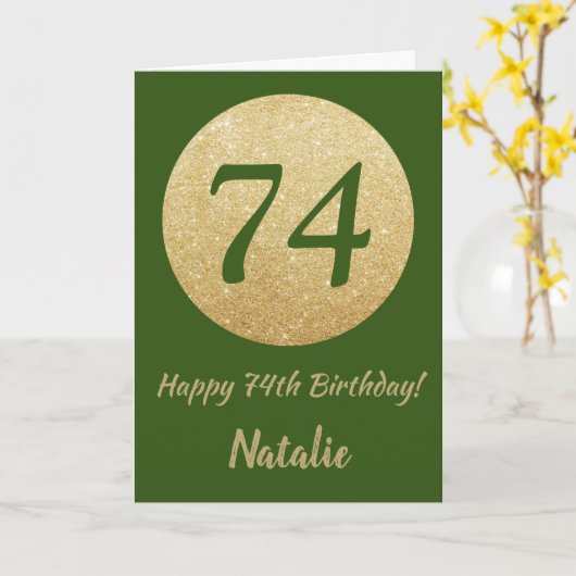 Happy 74th Birthday Green and Gold Glitter Card Kaart (Gele Bloem)