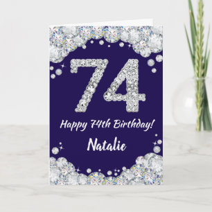 Happy 74th Birthday Navy Blue en Silver Glitter Kaart