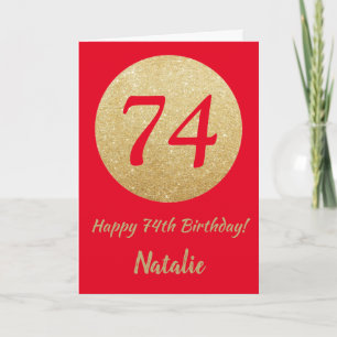 Happy 74th Birthday Red en Gold Glitter Card Kaart