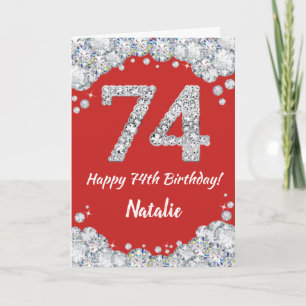 Happy 74th Birthday Red en Silver Glitter Card Kaart