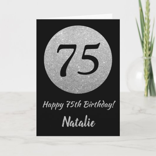Happy 75th Birthday Black en Silver Glitter Card Kaart (Voorkant)