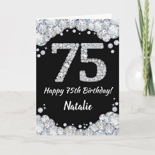 Happy 75th Birthday Black en Silver Glitter Card Kaart (Voorkant)