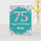 Happy 75th Birthday Blauwgroen en Silver Glitter C Kaart (Gele Bloem)