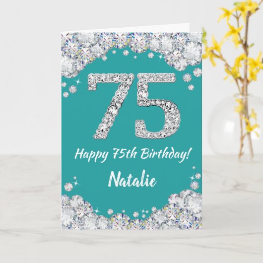 Happy 75th Birthday Blauwgroen en Silver Glitter C Kaart (Gele Bloem)