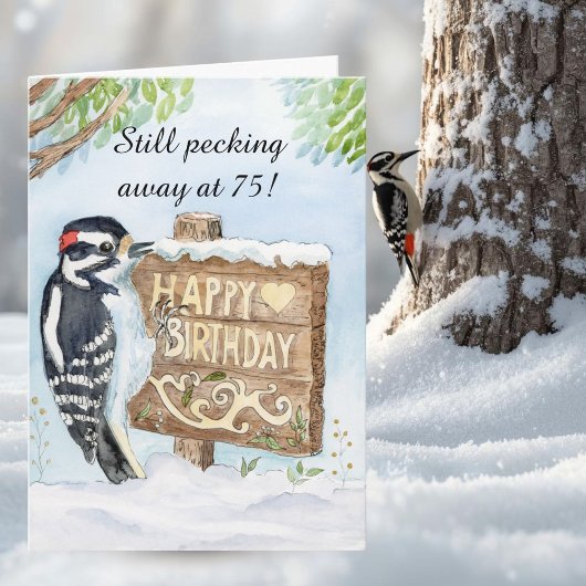 Happy 75th Birthday Downy Woodpecker Kaart