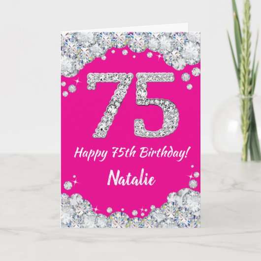 Happy 75th Birthday Hot Pink en Silver Glitter Kaart (Voorkant)