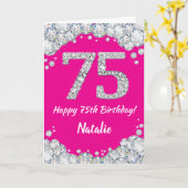 Happy 75th Birthday Hot Pink en Silver Glitter Kaart (Gele Bloem)