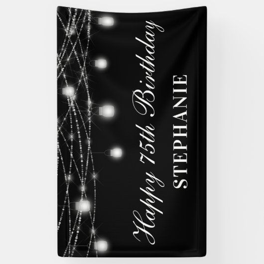 Happy 75th Birthday Mason Jars Lights Zwart Wit Spandoek (Verticaal)