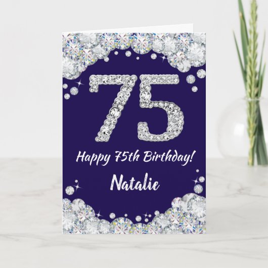 Happy 75th Birthday Navy Blue en Silver Glitter Kaart (Voorkant)