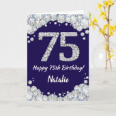 Happy 75th Birthday Navy Blue en Silver Glitter Kaart (Gele Bloem)