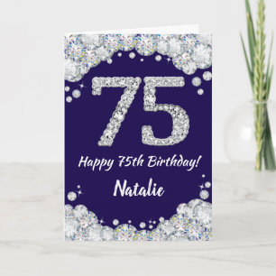 Happy 75th Birthday Navy Blue en Silver Glitter Kaart