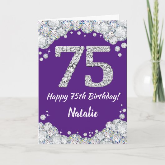 Happy 75th Birthday Paars en Silver Glitter Card Kaart (Voorkant)