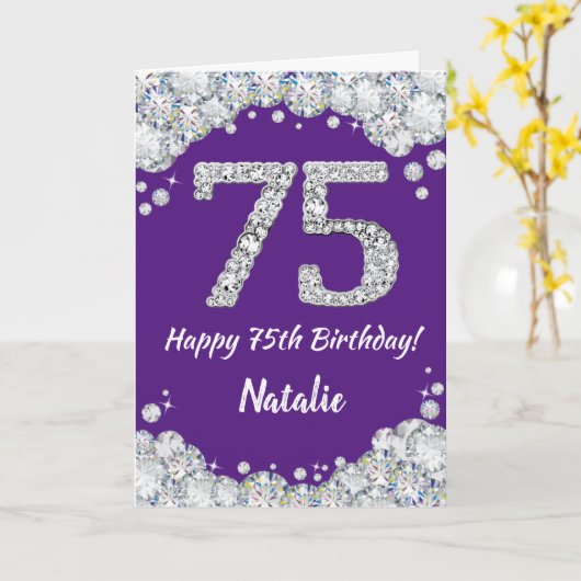 Happy 75th Birthday Paars en Silver Glitter Card Kaart (Gele Bloem)