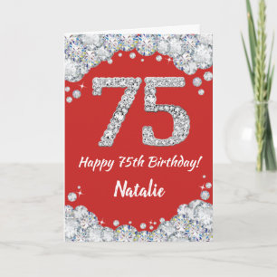 Happy 75th Birthday Red en Silver Glitter Card Kaart