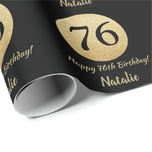Happy 76th Birthday Black en Gold Glitter Cadeaupapier (Rol Hoek)