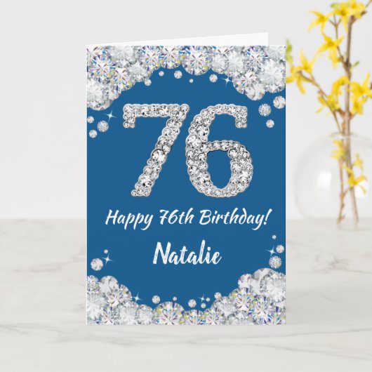 Happy 76th Birthday Blue en Silver Glitter Card Kaart (Gele Bloem)