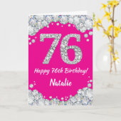 Happy 76th Birthday Hot Pink en Silver Glitter Kaart (Gele Bloem)