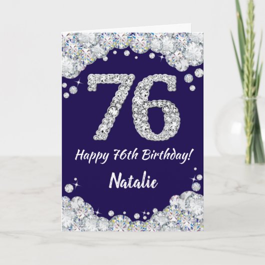 Happy 76th Birthday Navy Blue en Silver Glitter Kaart (Voorkant)