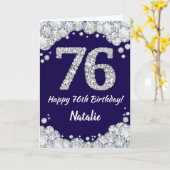 Happy 76th Birthday Navy Blue en Silver Glitter Kaart (Gele Bloem)