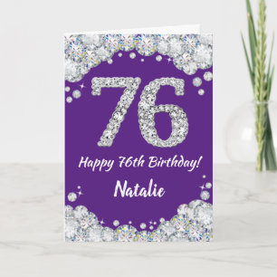 Happy 76th Birthday Paars en Silver Glitter Card Kaart