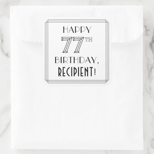 HAPPY 77th BIRTHDAY, Art Deco Style, aangepaste na Vierkante Sticker (Tas)