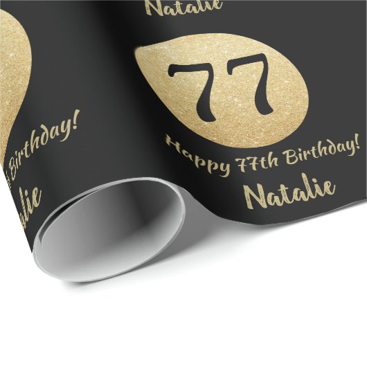 Happy 77th Birthday Black en Gold Glitter Cadeaupapier (Rol Hoek)