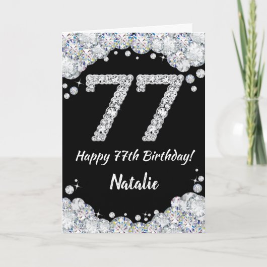 Happy 77th Birthday Black en Silver Glitter Card Kaart (Voorkant)
