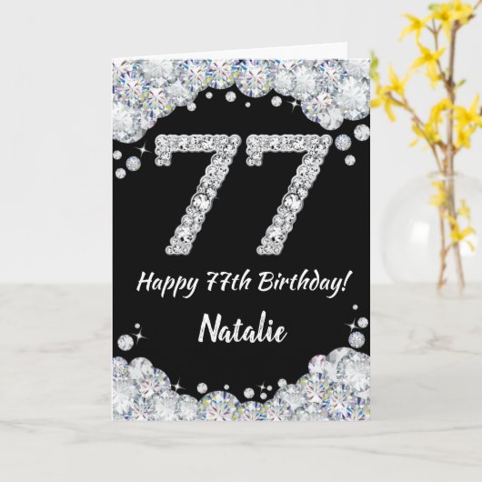 Happy 77th Birthday Black en Silver Glitter Card Kaart (Gele Bloem)