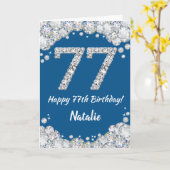 Happy 77th Birthday Blue en Silver Glitter Card Kaart (Gele Bloem)