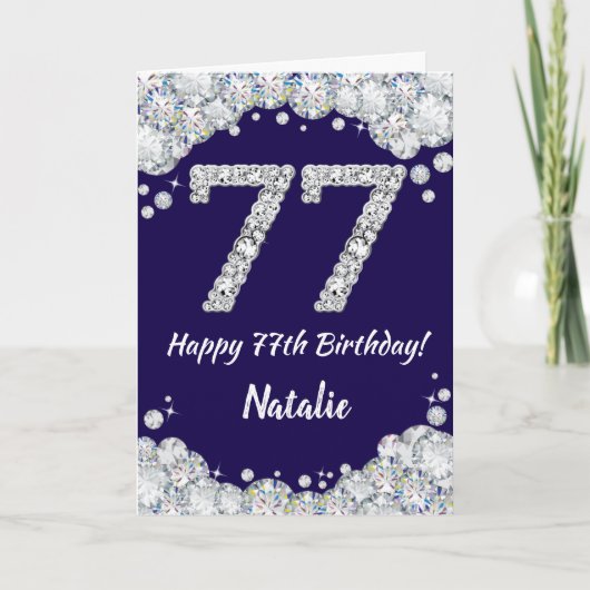Happy 77th Birthday Navy Blue en Silver Glitter Kaart (Voorkant)