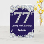 Happy 77th Birthday Navy Blue en Silver Glitter Kaart (Gele Bloem)