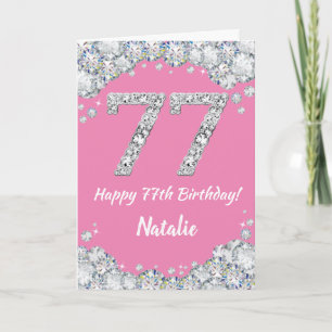 Happy 77th Birthday Pink en Silver Glitter Card Kaart