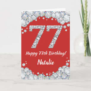 Happy 77th Birthday Red en Silver Glitter Card Kaart