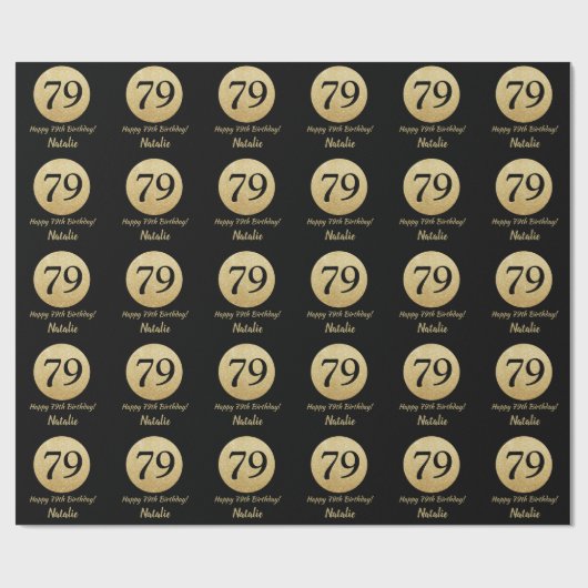 Happy 79th Birthday Black en Gold Glitter Cadeaupapier (Vlak)