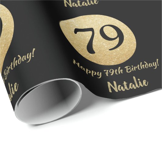 Happy 79th Birthday Black en Gold Glitter Cadeaupapier (Rol Hoek)