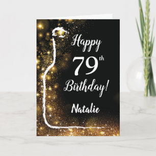 Happy 79th Birthday Black en Gold Glitter Wine Kaart