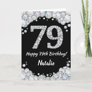 Happy 79th Birthday Black en Silver Glitter Card Kaart