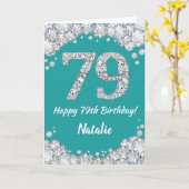 Happy 79th Birthday Blauwgroen en Silver Glitter C Kaart (Gele Bloem)