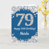 Happy 79th Birthday Blue en Silver Glitter Card Kaart (Gele Bloem)
