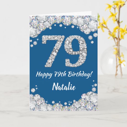 Happy 79th Birthday Blue en Silver Glitter Card Kaart (Gele Bloem)