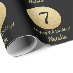 Happy 7th Birthday Black en Gold Glitter Cadeaupapier