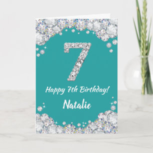 Happy 7th Birthday Blauwgroen en Silver Glitter Ca Kaart