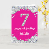Happy 7th Birthday Hot Pink en Silver Glitter Kaart (Gele Bloem)