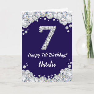 Happy 7th Birthday Navy Blue en Silver Glitter Kaart