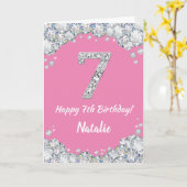 Happy 7th Birthday Pink en Silver Glitter Card Kaart (Gele Bloem)