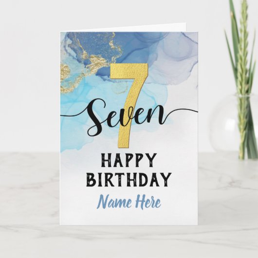 Happy 7th Birthday Waterverf Blue & Gold Boy Kaart (Voorkant)
