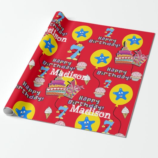 Happy 7th Birthday Wrapping Paper Balloons #7 Cadeaupapier (Uitgerold)