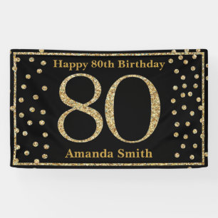 Happy 80th Birthday Banner Black en Gold Glitter