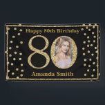 Happy 80th Birthday Banner Black en Gold Photo<br><div class="desc">Fijne 80ste verjaardag Banner Black en Gold Glitter Confetti met aangepaste foto. Afdrukbaar digitaal. Voor verdere aanpassing,  te klikken gelieve de knoop "van de Aanpassing het"en ons ontwerphulpmiddel te gebruiken om deze sjabloon te wijzigen.</div>